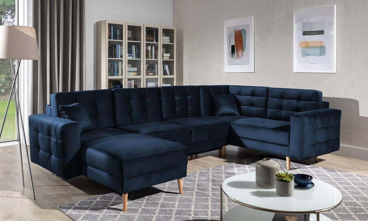 WOHNLANDSCHAFT mit Schlaffunktion, beidseitig montierbar - Dunkelblau/Pinienfarben, Holz/Textil (326/92/202cm) - Eltap