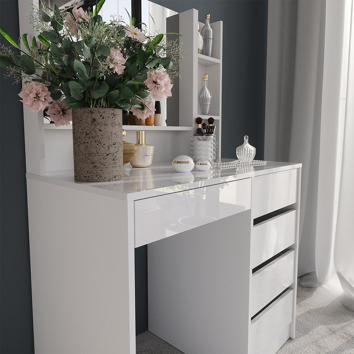 SCHMINKTISCH Sherry Weiß/Weiß Hochglanz 89.8 cm 3 Teile - Weiß Hochglanz, Holzwerkstoff (50.1cm) - Vicco