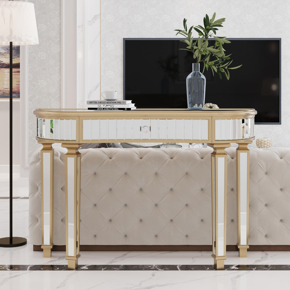 KONSOLENTISCH aus Glas und MDF 120x38x78 cm Gold/Silber mit Schublade und Spiegeldesign - Goldfarben, Holzwerkstoff (38/120/78cm) - Modfu