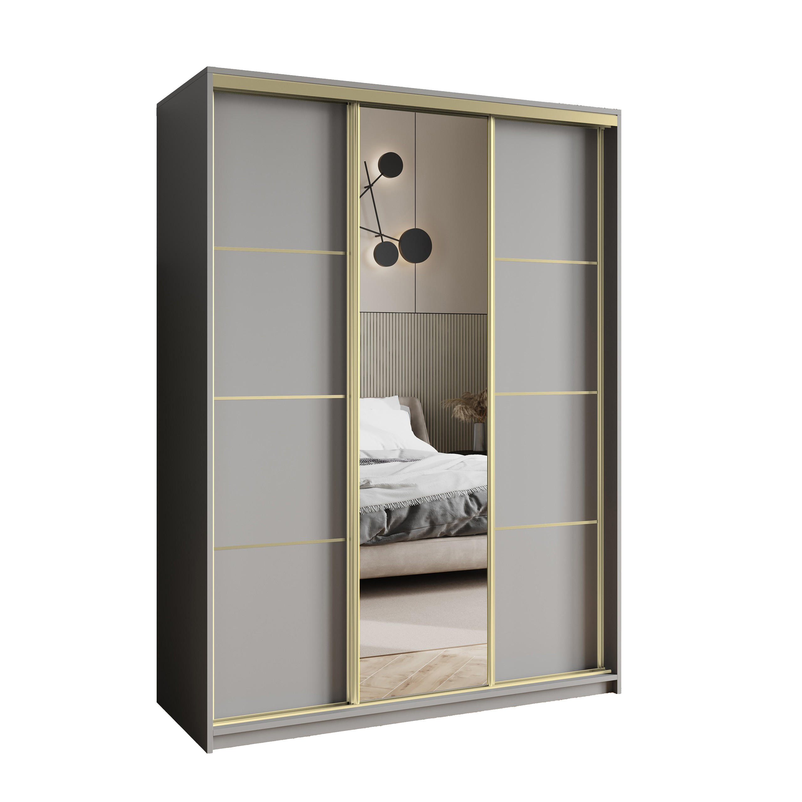 SCHWEBETÜRENSCHRANK VARO 150/205/60 cm 3-türig mit Spiegel Graphitfarben - Graphitfarben, Holzwerkstoff (150/205/60cm) - MASSENO