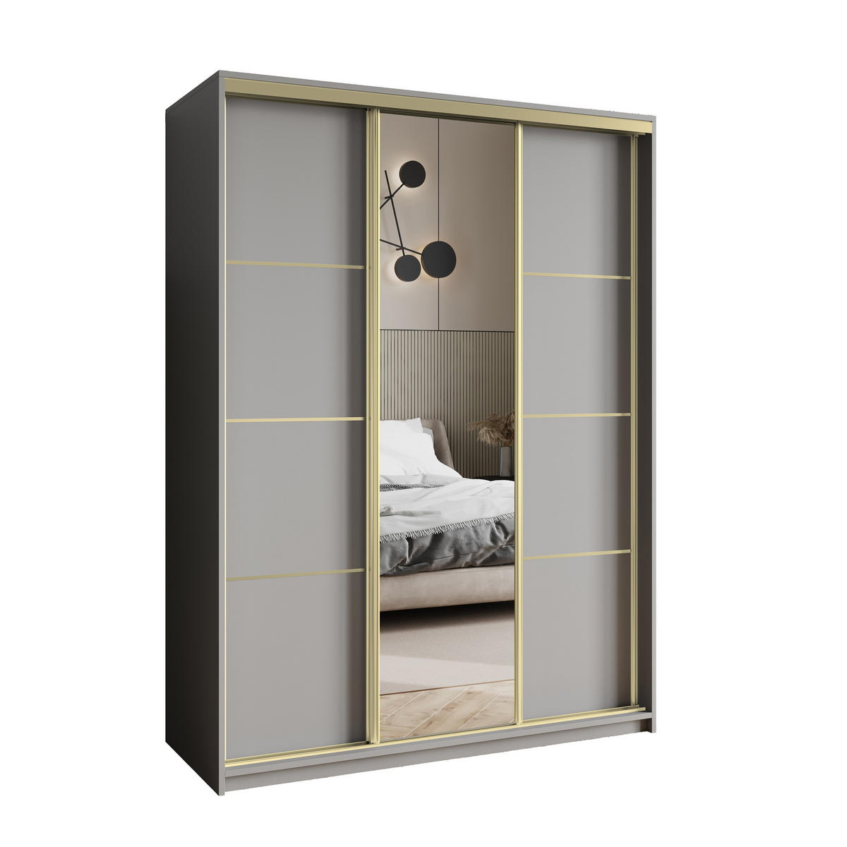 SCHWEBETÜRENSCHRANK VARO 150/205/60 cm 3-türig mit Spiegel Graphitfarben - Graphitfarben, Holzwerkstoff (150/205/60cm) - MASSENO