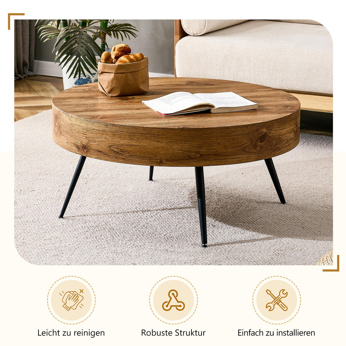 COUCHTISCH 70/70/35,5 cm mit runder MDF-Tischplatte in Holzoptik und stabilen Metallbeinen, Schwarz/Holzoptik - Schwarz, Holzwerkstoff (70/70/35.5cm) - Redom