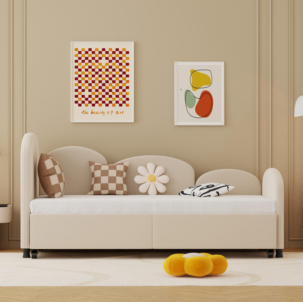 KINDERBETT 90/200 cm aus Metall und Samt mit Blumenform und Schublade Beige - Beige, Textil (90/200cm) - Modenvie