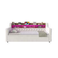 BETT 90/190 cm in Beige aus Samt mit Stauraum-Kopfteil, LED-Beleuchtung - Beige, Textil (90/190cm) - Flora Grace