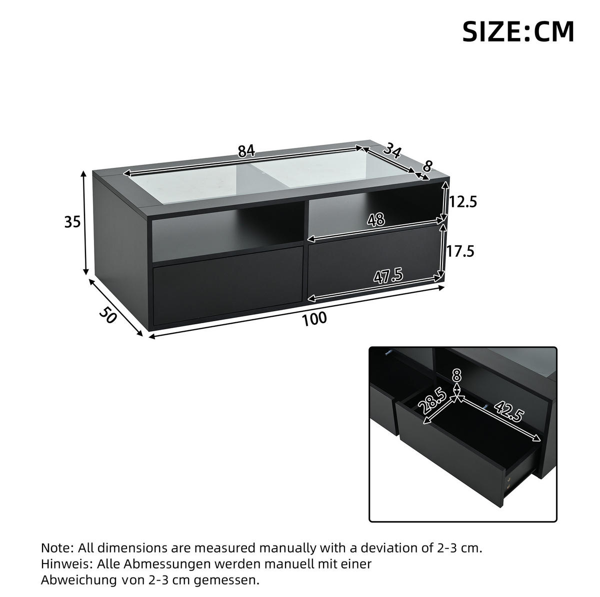 KONFERENČNÍ stolek 100/50/35 cm černý ze skla a dřevotřísky s LED osvětlením a 2 zásuvkami - černá, sklo (100/50/35cm) - OKWISH