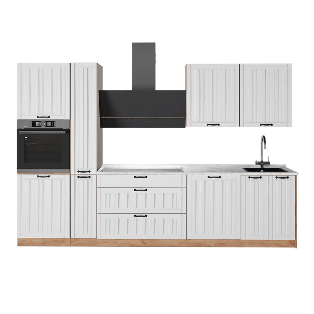 KÜCHENZEILE Fame-Line, Weiß Landhaus/Goldkraft Eiche, 310 cm, AP Marmor - Honigeiche/Weiß, Holzwerkstoff (310/206.8/60cm) - Vicco