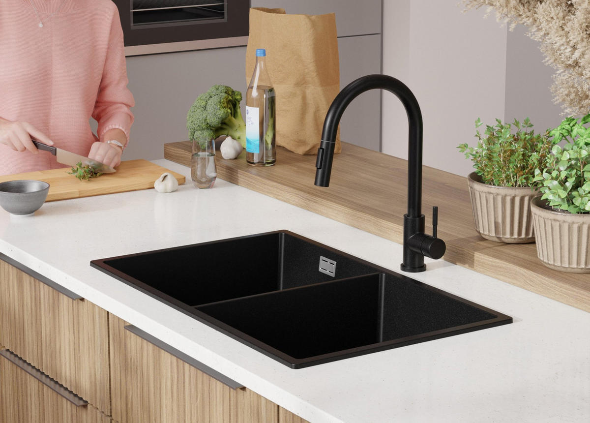 SPÜLBECKEN London Slim Twin, 2-er set Alles Schwarz 76/47 cm 2 Becken + Ablauf-Set ab 80er Unterschrank - Schwarz, Kunststoff (76/20/47cm) - Primagran