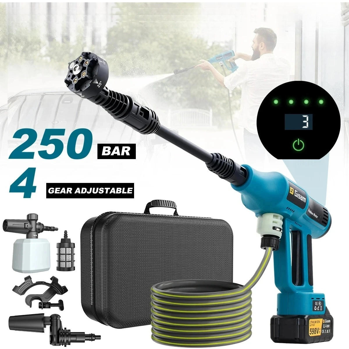 ELEKTRO-HOCHDRUCKREINIGER 250Bar Bürstenloser, mit 4-Gang-Leistung für Haus und Auto, Ohne Batterie, ohne Stecker - Blau, Kunststoff (45/23cm) - Coonoor