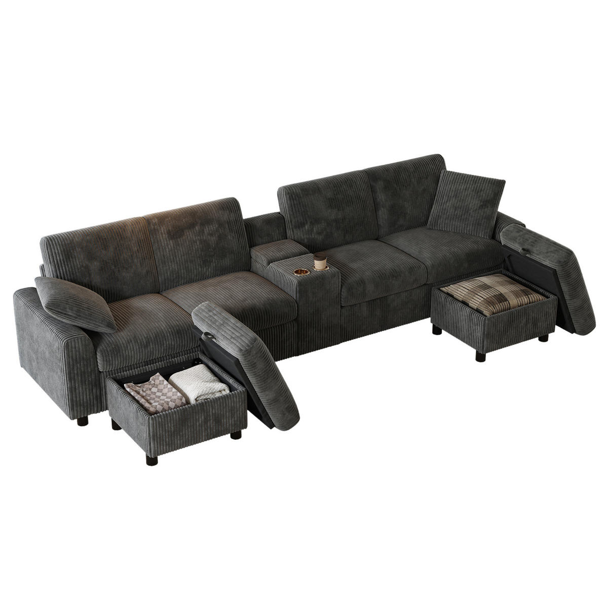 SEDACIA zostava do U z menčestru, 315/135/81 cm sivá, s taburetkami, úložným priestorom a USB - sivá, textil (135/81/315cm) - BEAOK