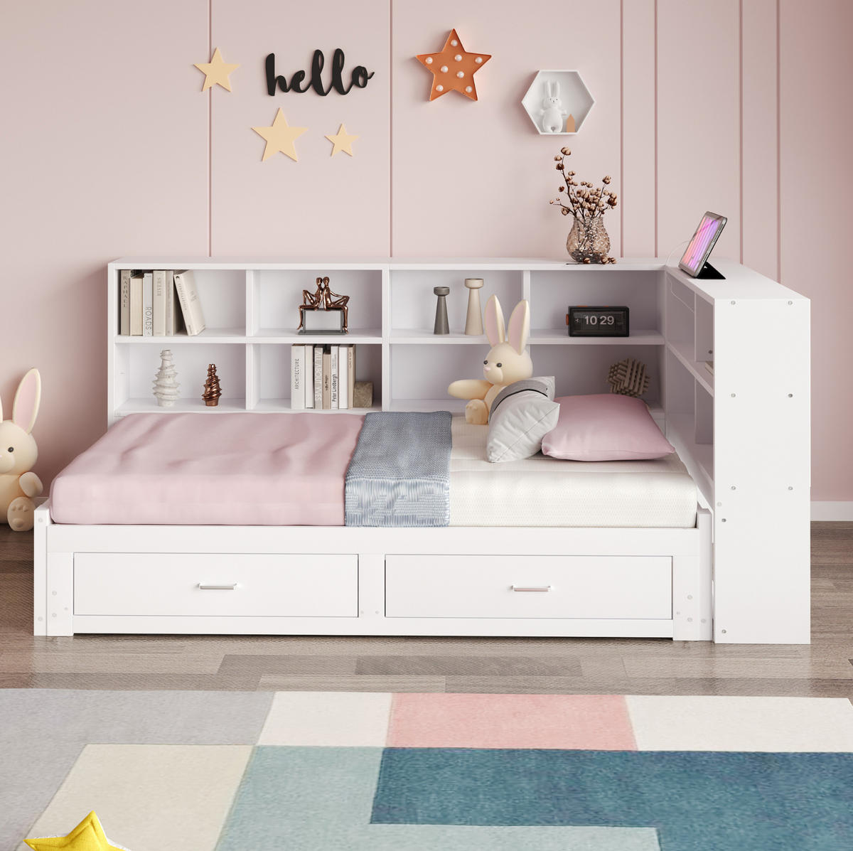 MULTIFUNKTIONSBETT 90/190 cm weiß aus Holz mit Ausziehbett Stauraum Steckdose - Weiß, Holzwerkstoff (90/190cm) - OKWISH