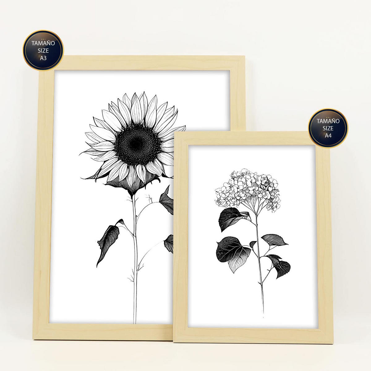 POSTER Set Mit 6 Helle Blumen Natur Und Botanikdrucke Mit Blumenmotiven In Klassischem Schwarz Und Weiß A3 & A4 Rahmen Aus Hellem Holz - Beige, Papier (29/3cm) - Nacnic