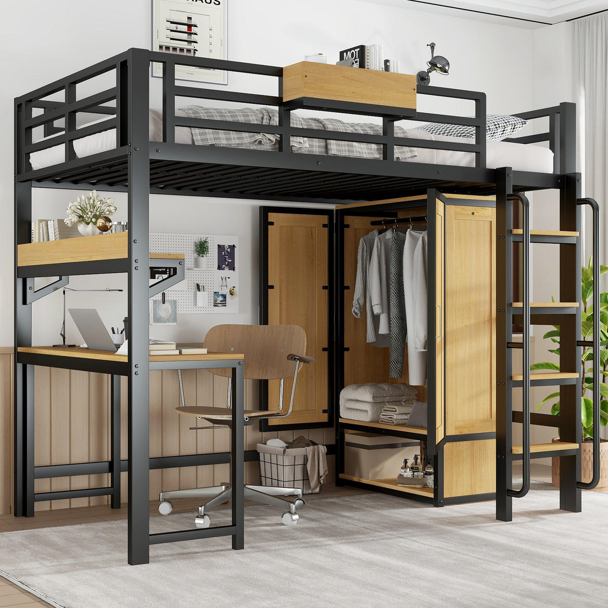 HOCHBETT 90x200 cm Schrank Schreibtisch schwarz - Schwarz, Metall (90/200cm) - LEBENLANG