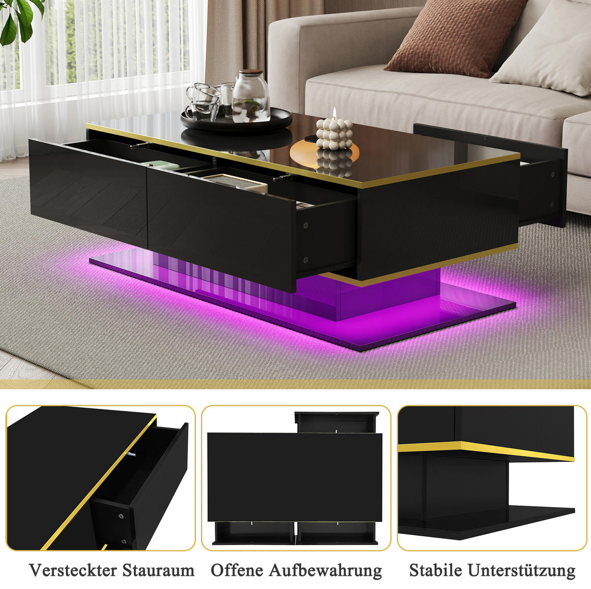 COUCHTISCH 100/50/40 cm mit LED-Beleuchtung, 3 Schubladen und offenem Fach aus Spanplatte, Schwarz/Gold - Schwarz, Holzwerkstoff (100/50/40cm) - Redom