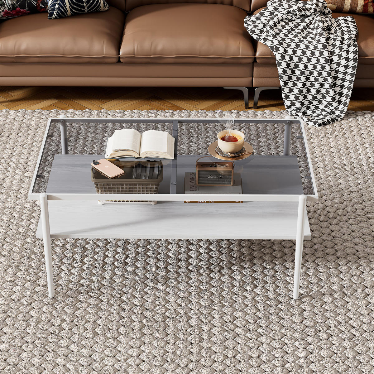 COUCHTISCH 61,5/97,5/45 cm mit Glasplatte, Ablagefach und Metallbeinen, Grau/Weiß - Weiß, Glas (97.5/61.5/45cm) - Redom