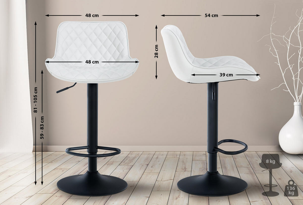BARHOCKER 2er Set Lederlook weiß - Weiß, Textil/Metall (48/81/54cm) - CLP