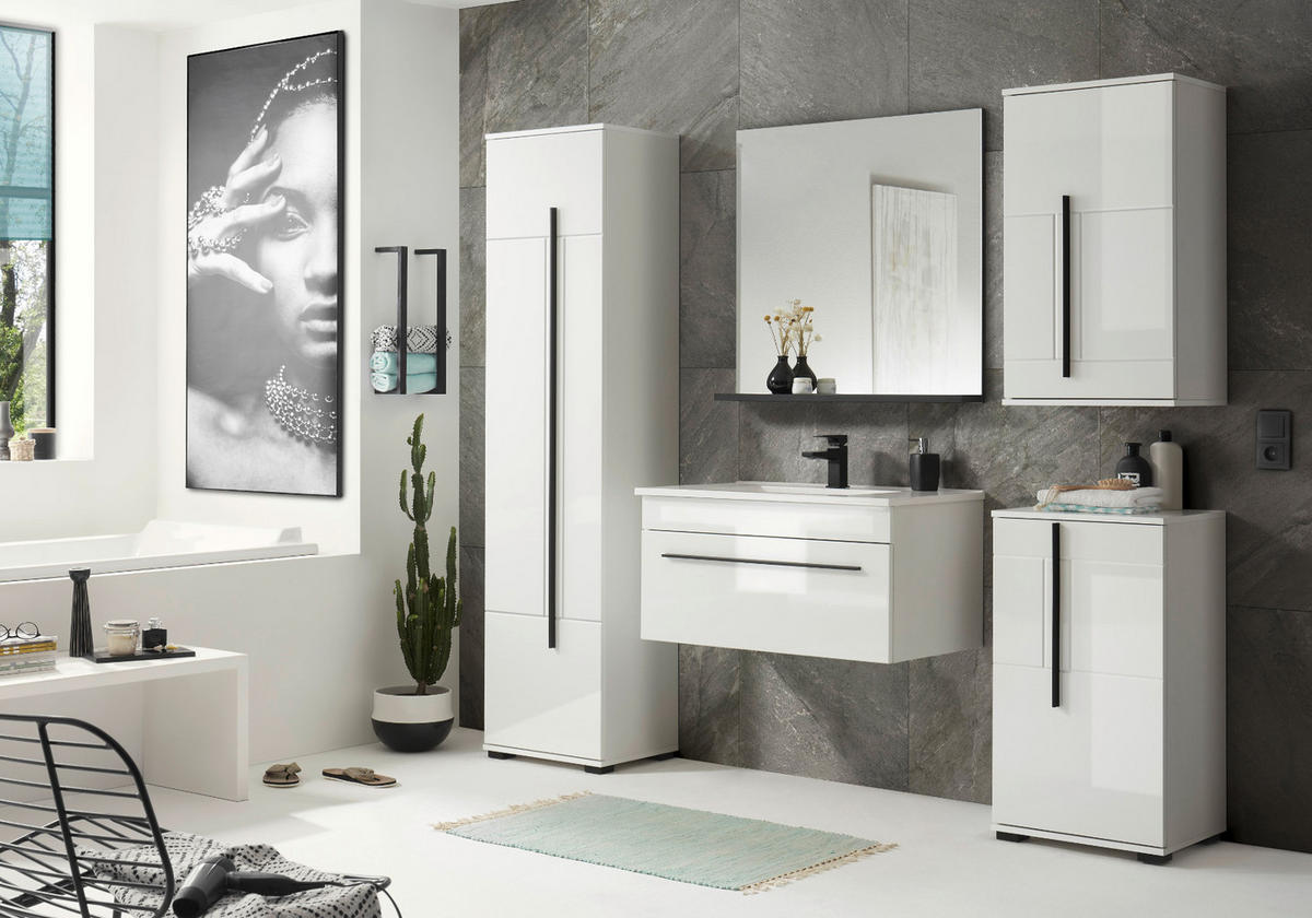 BAD-HÄNGESCHRANK weiß Hochglanz, Badschrank hängend, 45 x 85 cm - Weiß Hochglanz/Schwarz, Holzwerkstoff/Kunststoff (45/85/30cm) - Furn.Design