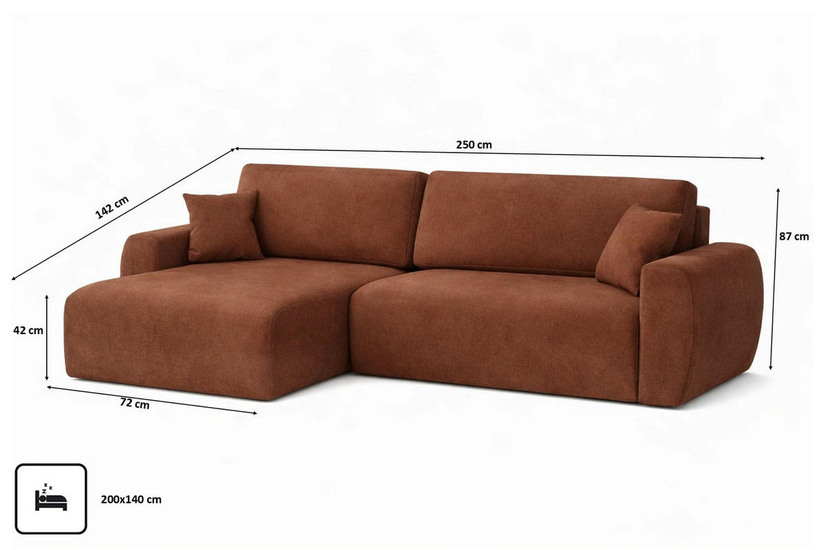 ECKSOFA Mit Schlaffunktion Ariel L, Velours, Stoff Salvador, Dunkelbraun, Links - Dunkelbraun, Holz (250/142cm) - Kaiser Möbel