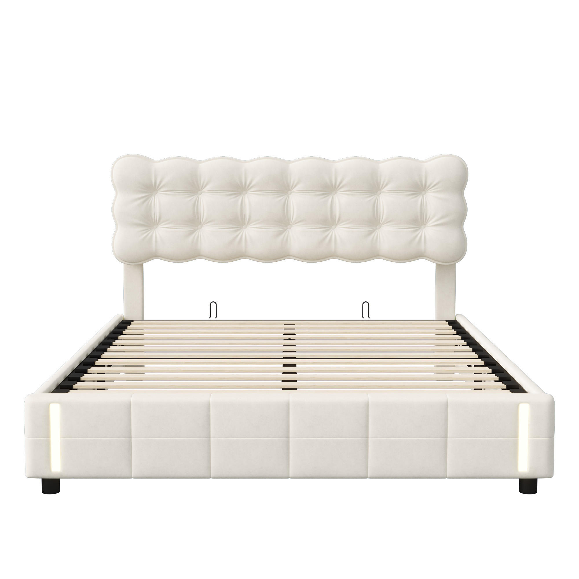 POLSTERBETT 160x200 cm LED Stauraum Hydraulik Lattenrost Samt beige - Beige, Holz (160/200cm) - LEBENLANG