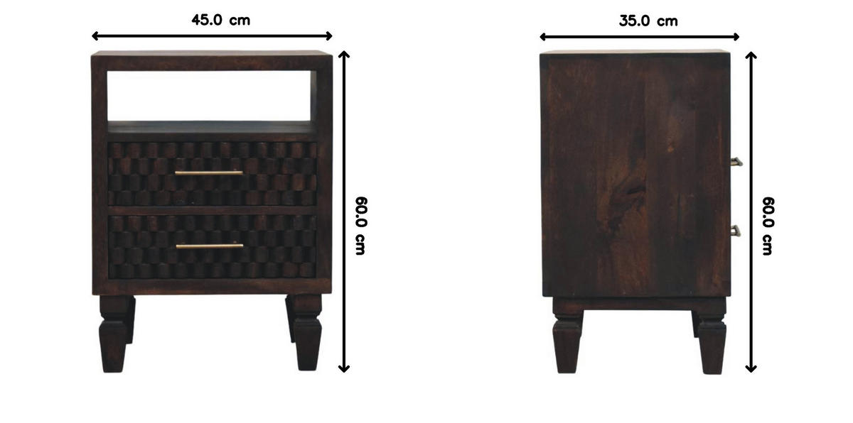 NACHTTISCH Rich-Velvet-Mocha-Finish, 2 Schubladen, 1 offenes Regal, Dunkelbraun - Dunkelbraun, Holz/Metall (35/60/45cm) - Artisan Furniture