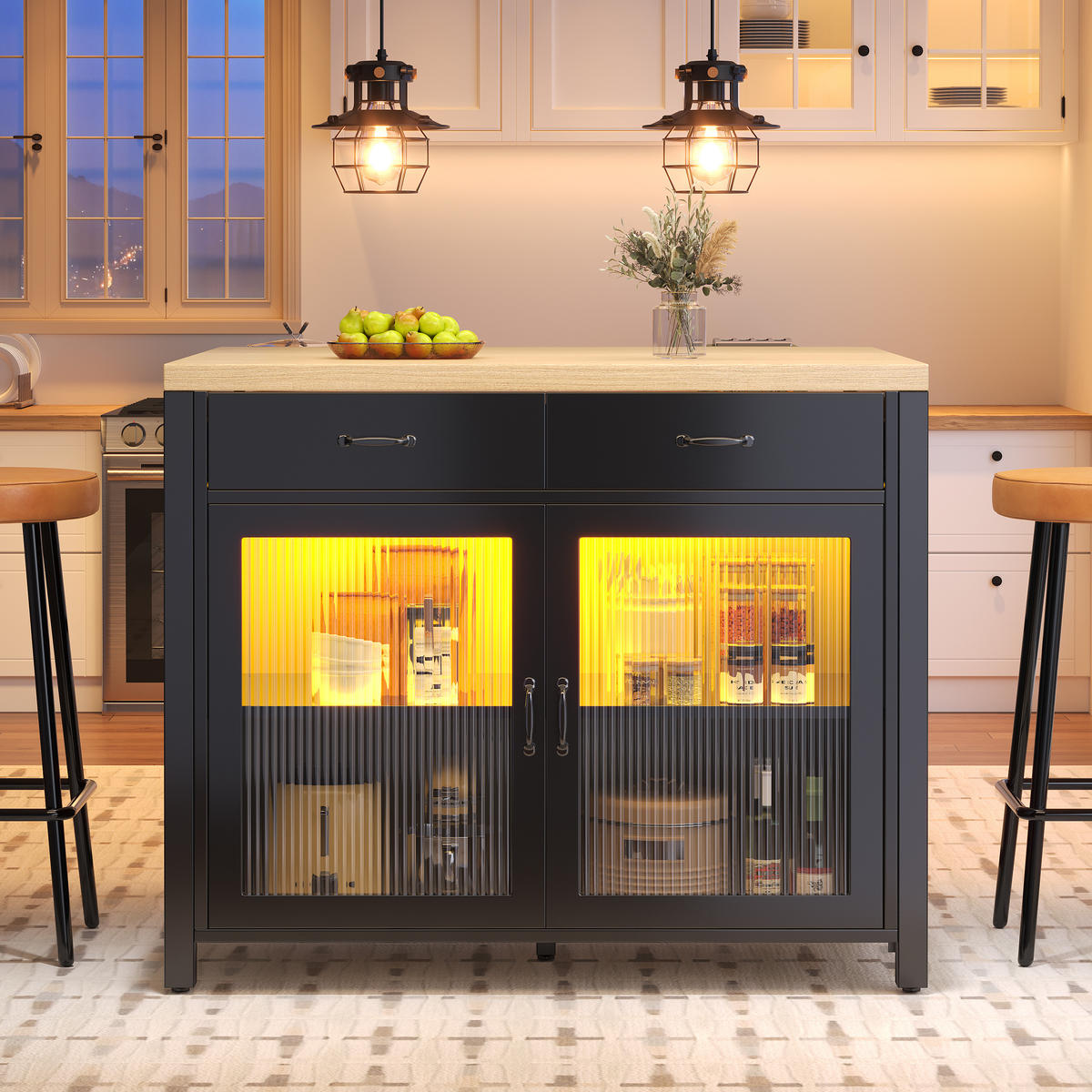 KÜCHENINSEL 100/80/90 cm Schwarz mit 2 Schubladen, LED-Lichtleiste und verstellbare Füße - Schwarz, Holz/Holzwerkstoff (110/91/40cm) - Oxeza