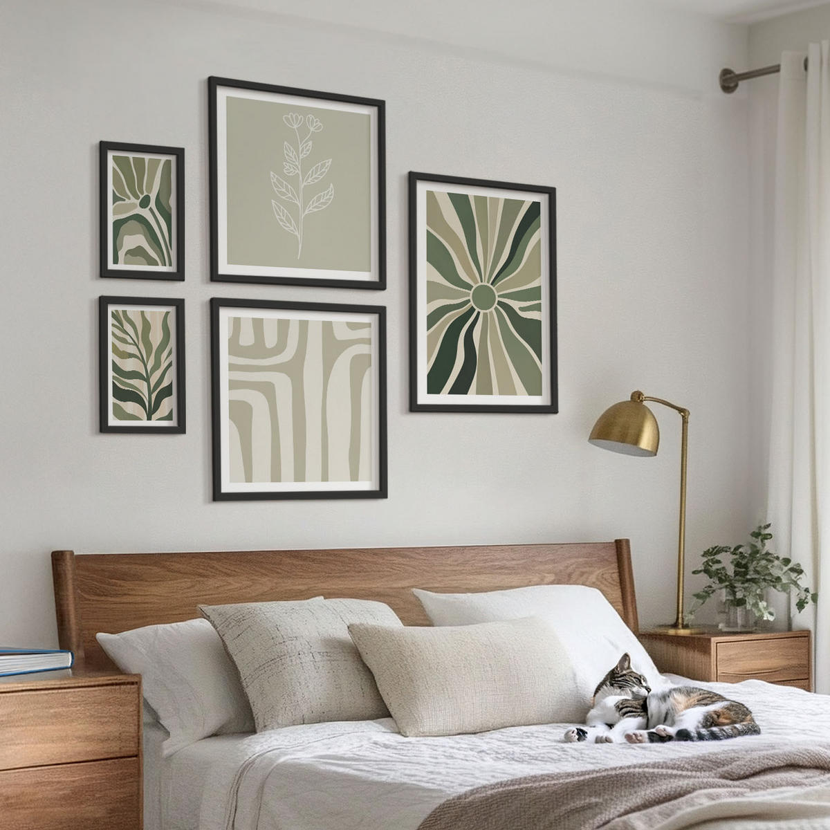 BILDER SET 5er Set - 50x50 cm & 20x30 cm & 40x60 cm Schwarzer Rahmen - Pflanzenmuster grüner Minimalismus - Schwarz, Kunststoff (40/60cm) - TULUP