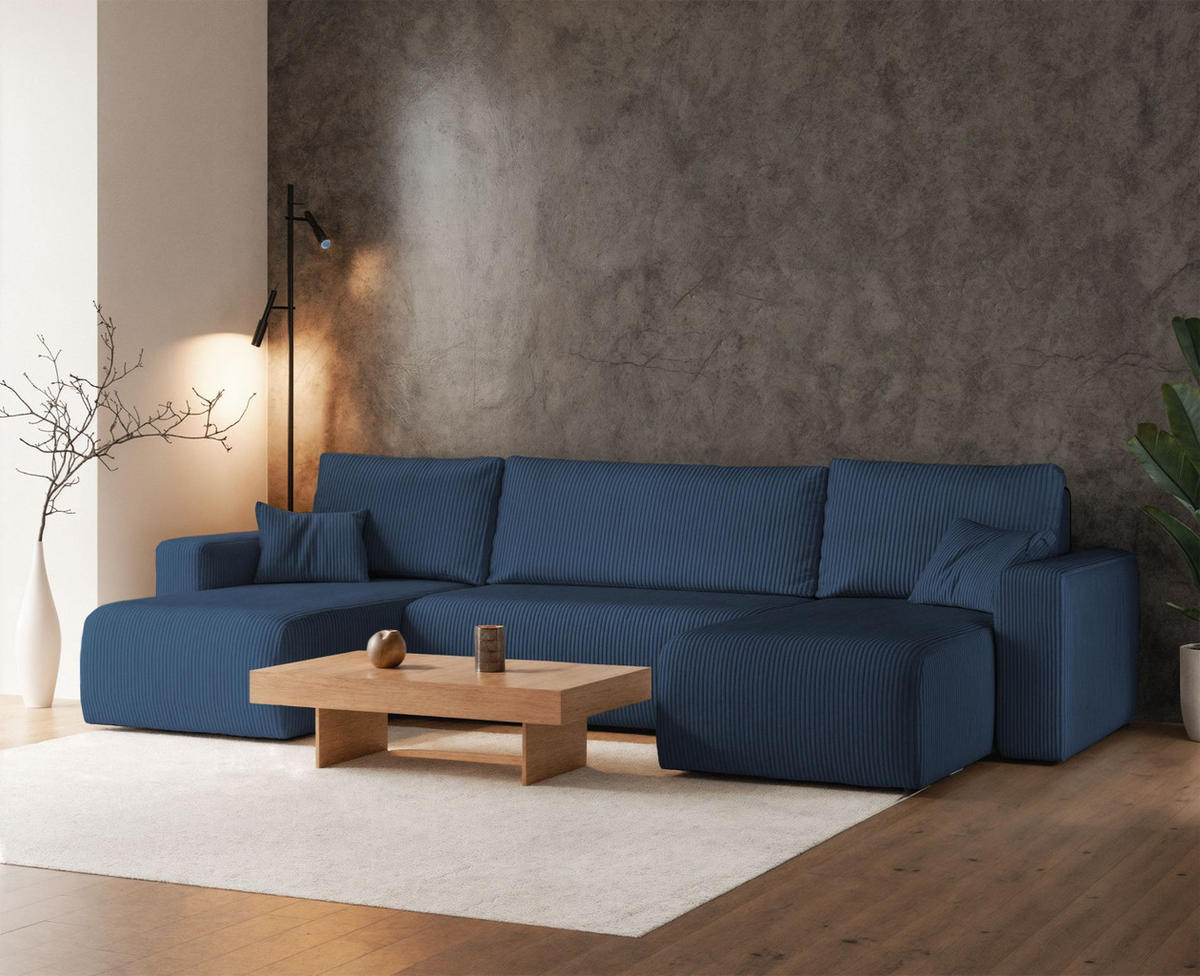 WOHNLANDSCHAFT Pianoni Marineblau Cordbezug - Schwarz/Dunkelblau, Kunststoff/Textil (312/83/140cm) - Selsey