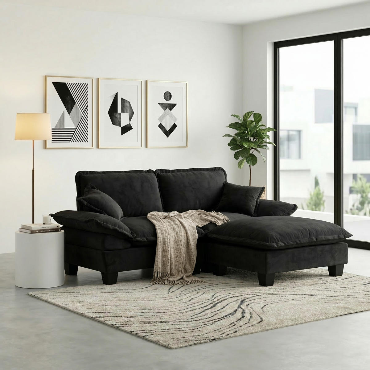 ECKSOFA aus Chenille 194x155x90 cm in Schwarz mit Ottomanen-Modul - Schwarz, Textil (155/90/194cm) - Modfu