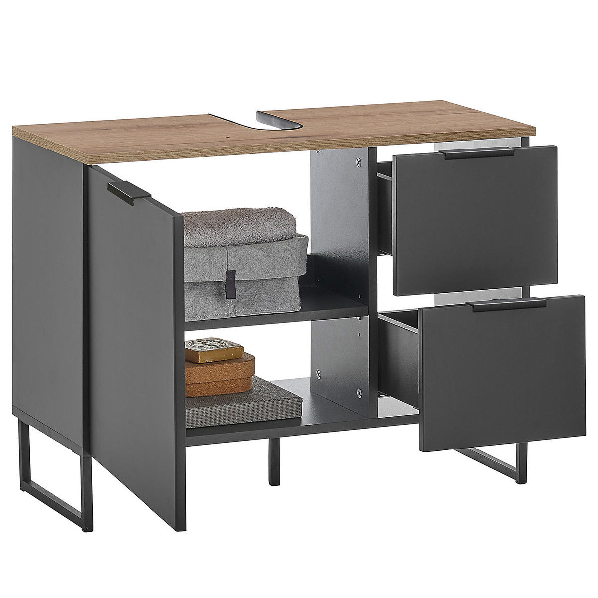 WASCHBECKENUNTERSCHRANK mit 1 Tür - Schwarz, Holzwerkstoff (80/60/35cm) - home24