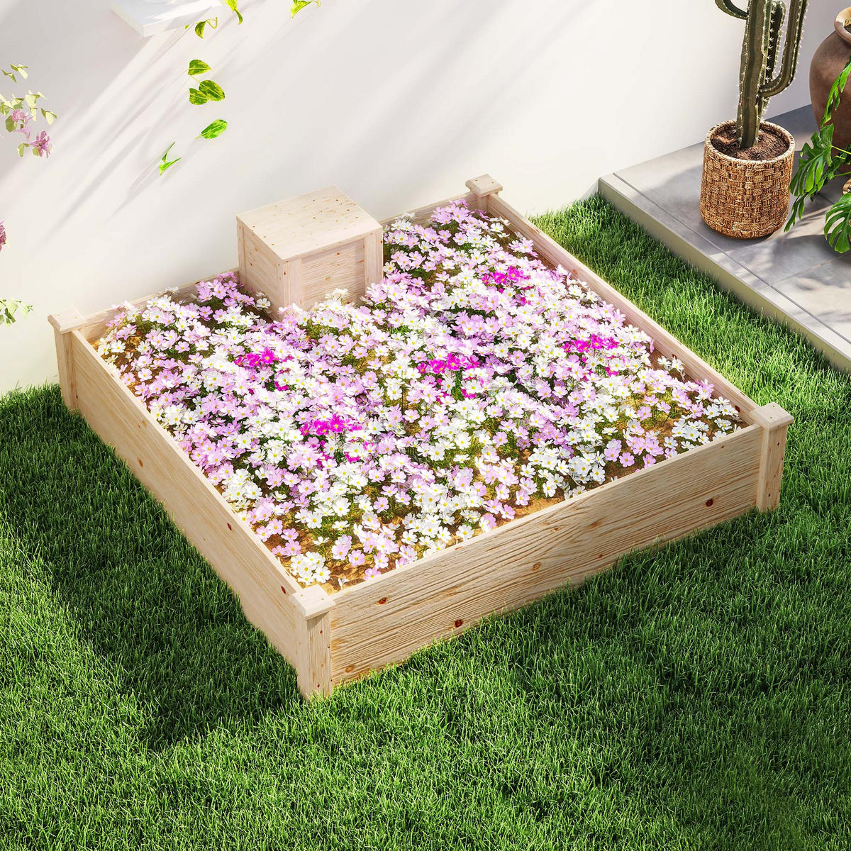 HOCHBEET DE-12229 123/123/25 cm mit Komposter Naturholz - Naturfarben, Holz (123/25.5/123cm) - ComfortXL
