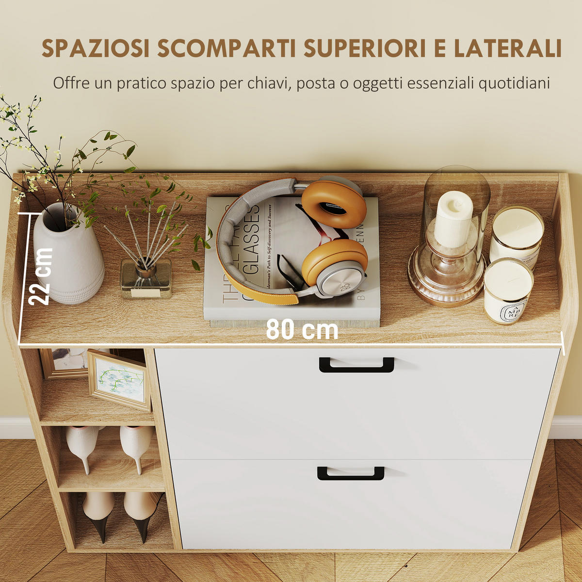 SCHUHABLAGE,2 kippbare Schubladen 3 Fächer 83x24x90,5cm,holz-weiß - Weiß, Holzwerkstoff (83/90.5/24cm) - Vallsero