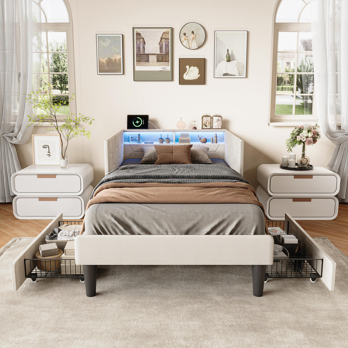 POLSTERBETT 90x200 cm, Schubladen, Velours, Beige - Beige, Metall - SHOPENTRA