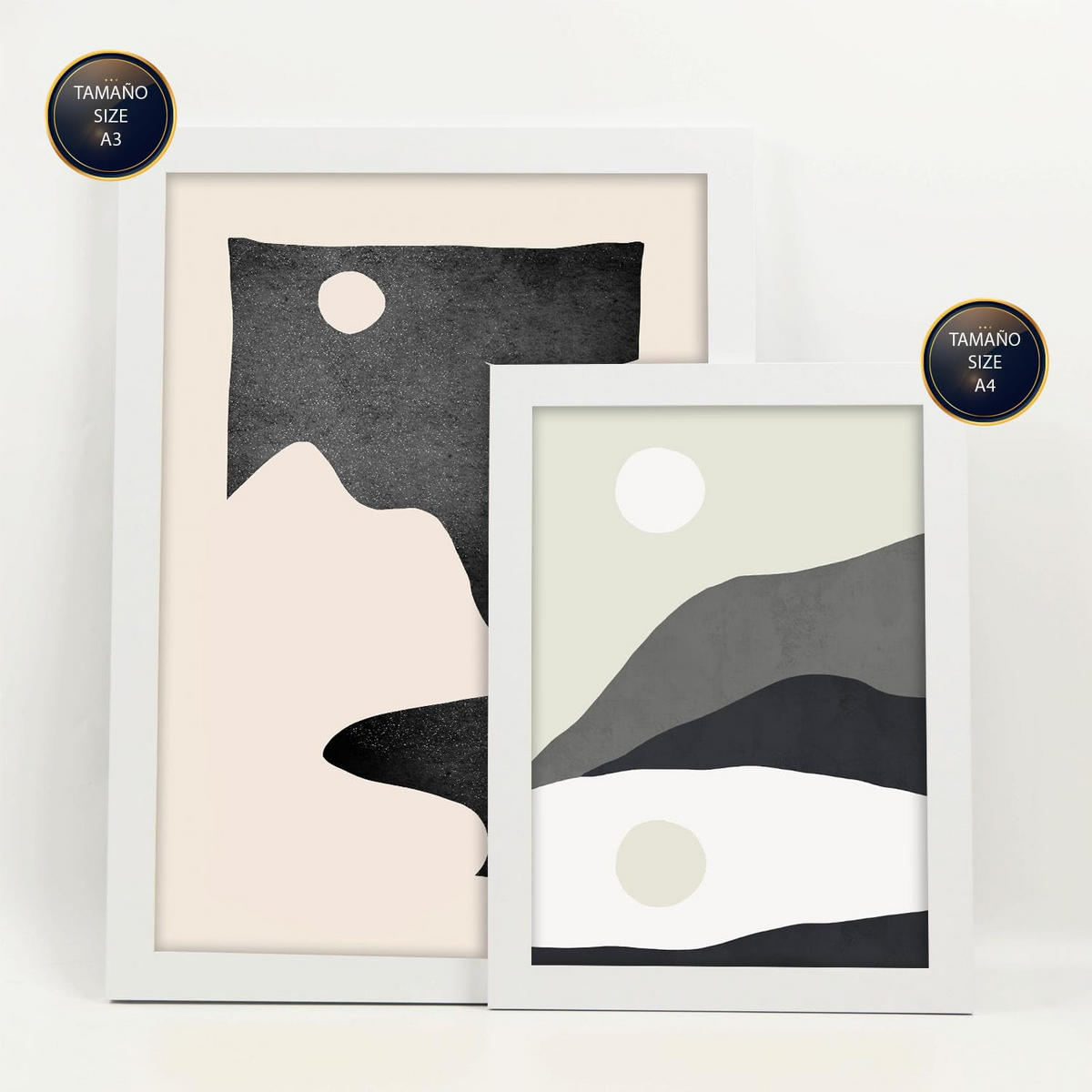 POSTER Set Mit 6 Mitternachtsmond Landschaft abstrakt Größe A3 & A4 Weißer Rahmen - Weiß, Papier (29.7/1cm) - Nacnic