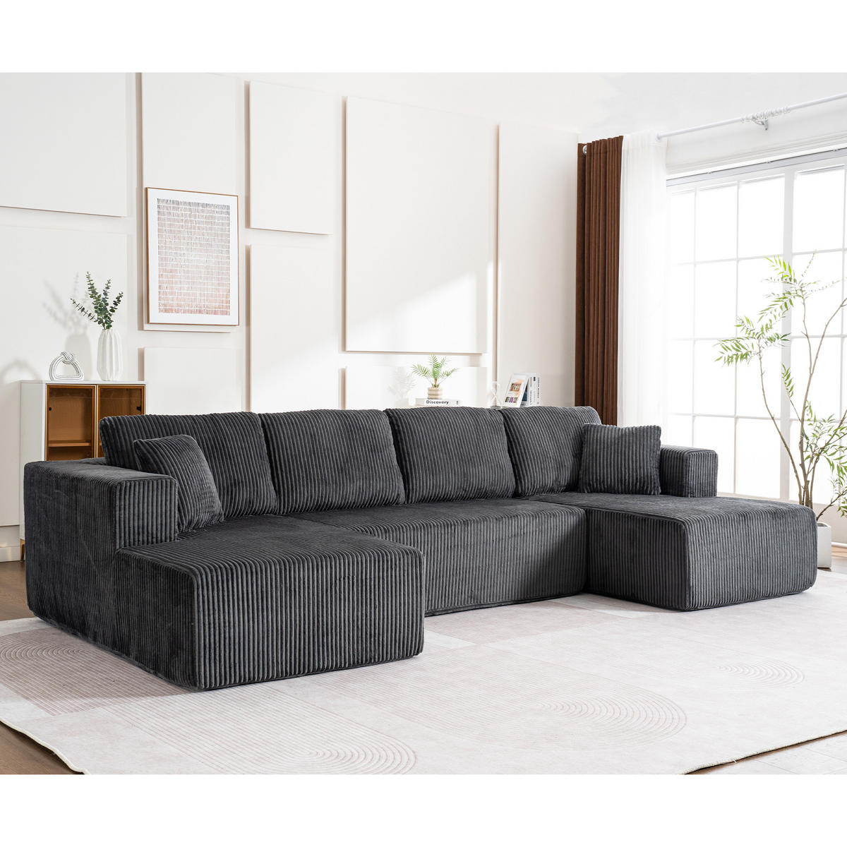 WOHNLANDSCHAFT Cord Grau mit Schlaffunktion und mit Kissen - Grau, Textil (332/88/156cm) - WISHDOR