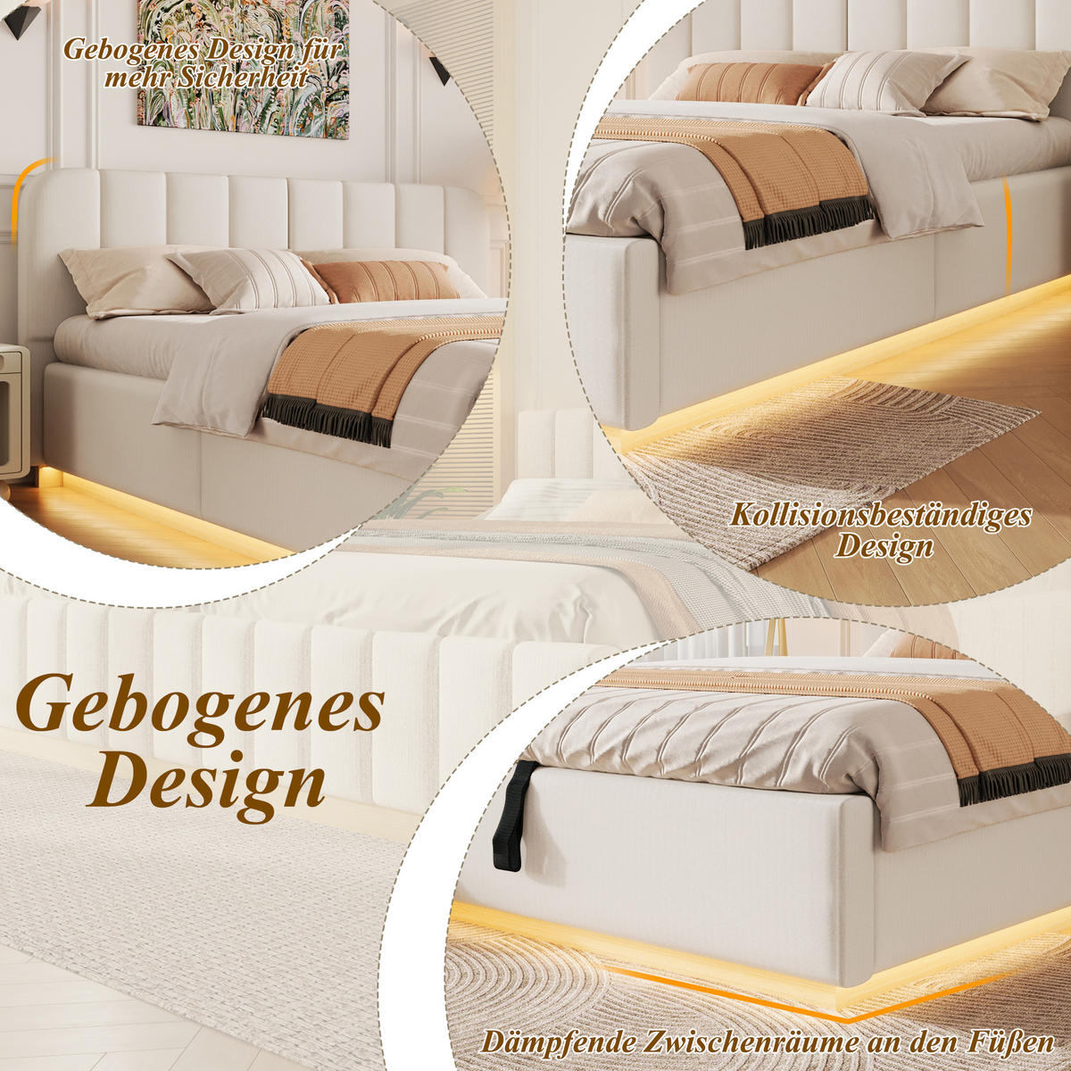POLSTERBETT 140x200cm Lattenrost Hydraulik LED Chenille Beige - Beige, Holzwerkstoff (140/200cm) - FLIEKS