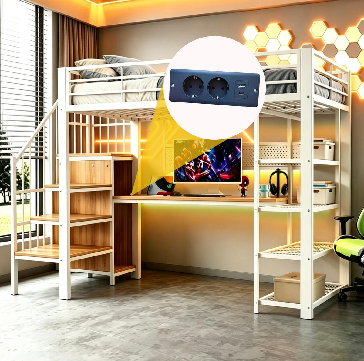 HOCHBETT 90/200 cm aus Metall und Holz mit Staumtreppe und Schreibtisch Weiß - Weiß, Metall (90/200cm) - Modenvie