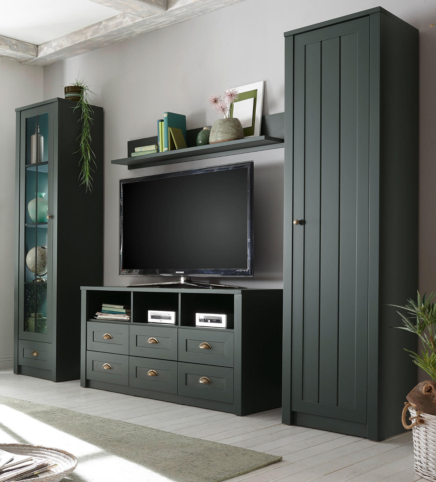 WOHNWAND grün 4-teilig 270 cm Landhaus, Wohnkombination mit viel Stauraum - Chromfarben/Schwarz, Glas/Holzwerkstoff (270/198/43cm) - Furn.Design
