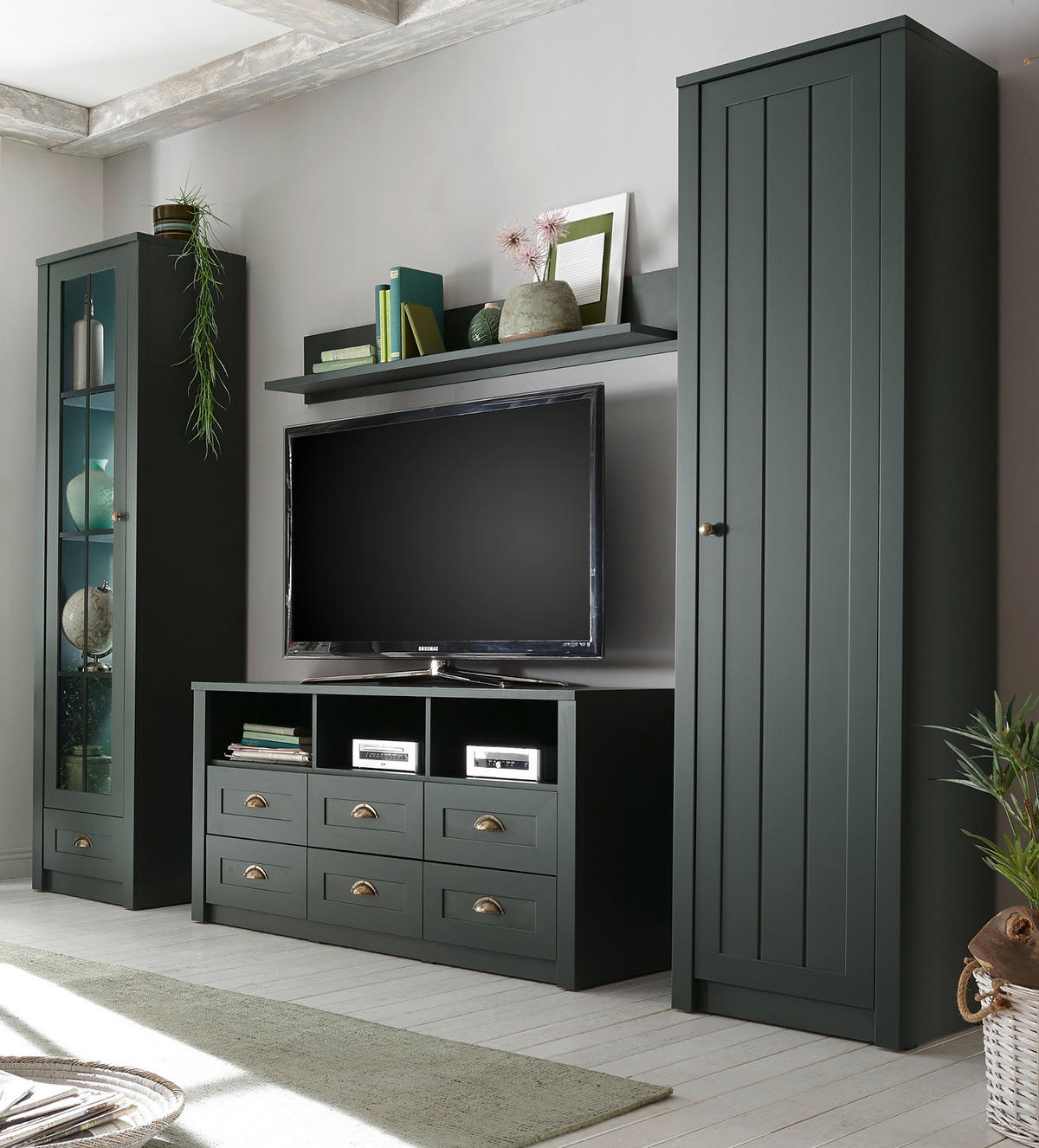 WOHNWAND grün 4-teilig 270 cm Landhaus, Wohnkombination mit viel Stauraum - Chromfarben/Schwarz, Glas/Holzwerkstoff (270/198/43cm) - Furn.Design