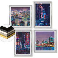 WANDBILDER 4er Set - 50x50 cm & 40x60 cm Silberner Rahmen - Nachtstädte mit Neonlichtern - Silberfarben, Kunststoff (50/50cm) - ArtPrintCave