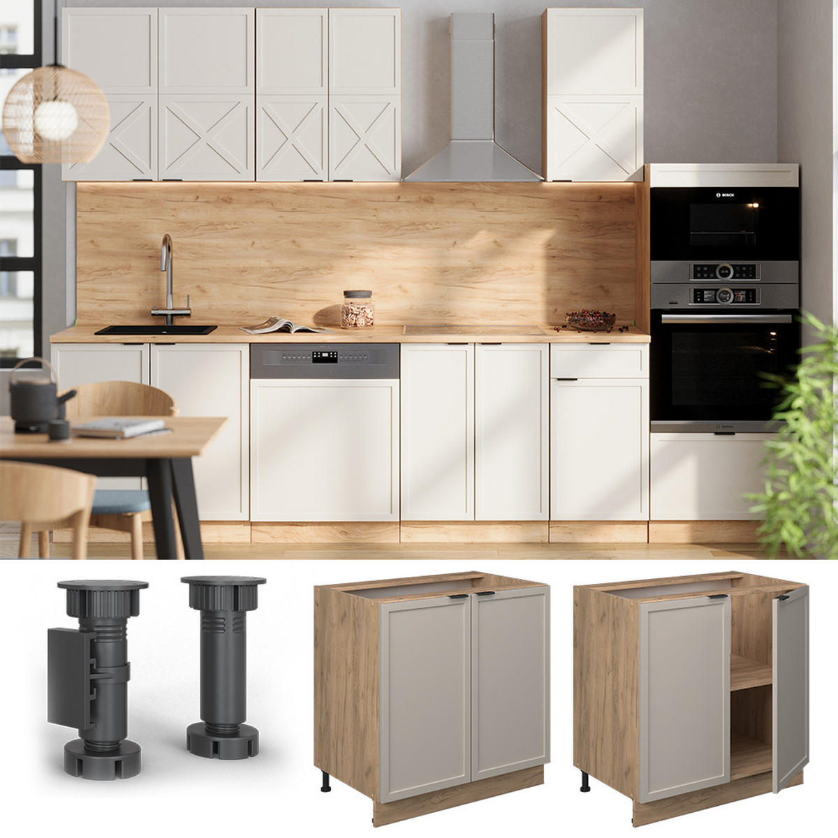 SPÜLENUNTERSCHRANK Fame-Line GrauBeige 80 cm mit Regal, AP Anthrazit - Greige/Eiche Wotan, Holzwerkstoff (80/82/60cm) - Vicco