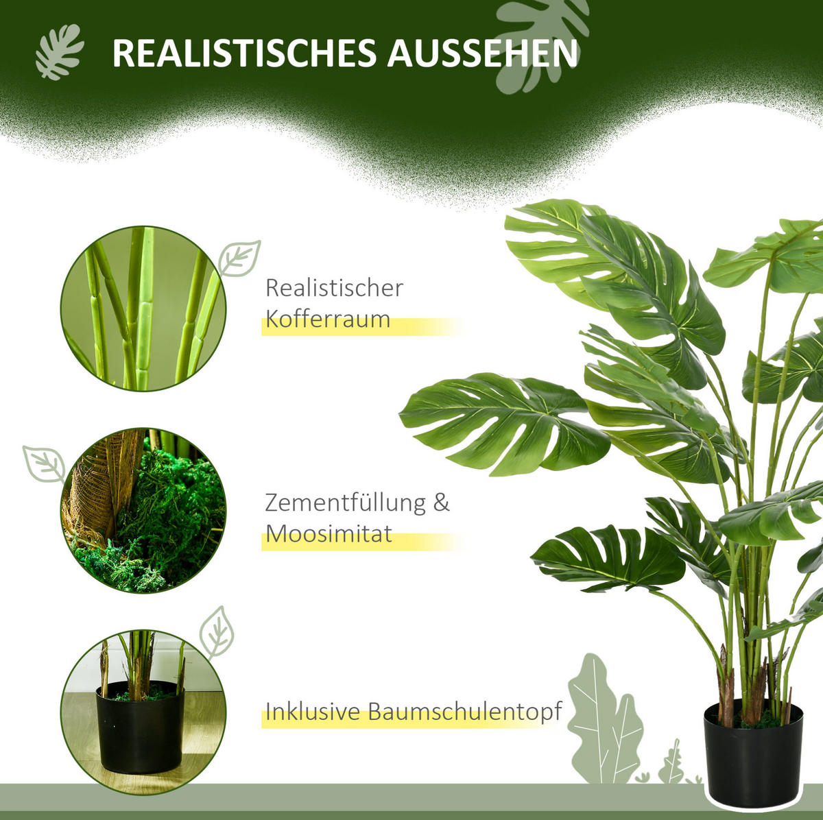 KUNSTPFLANZEN 17,5/17,5/120 cm grün aus Kunststoff mit Topf und Moos - Grün, Kunststoff (120cm) - OKWISH