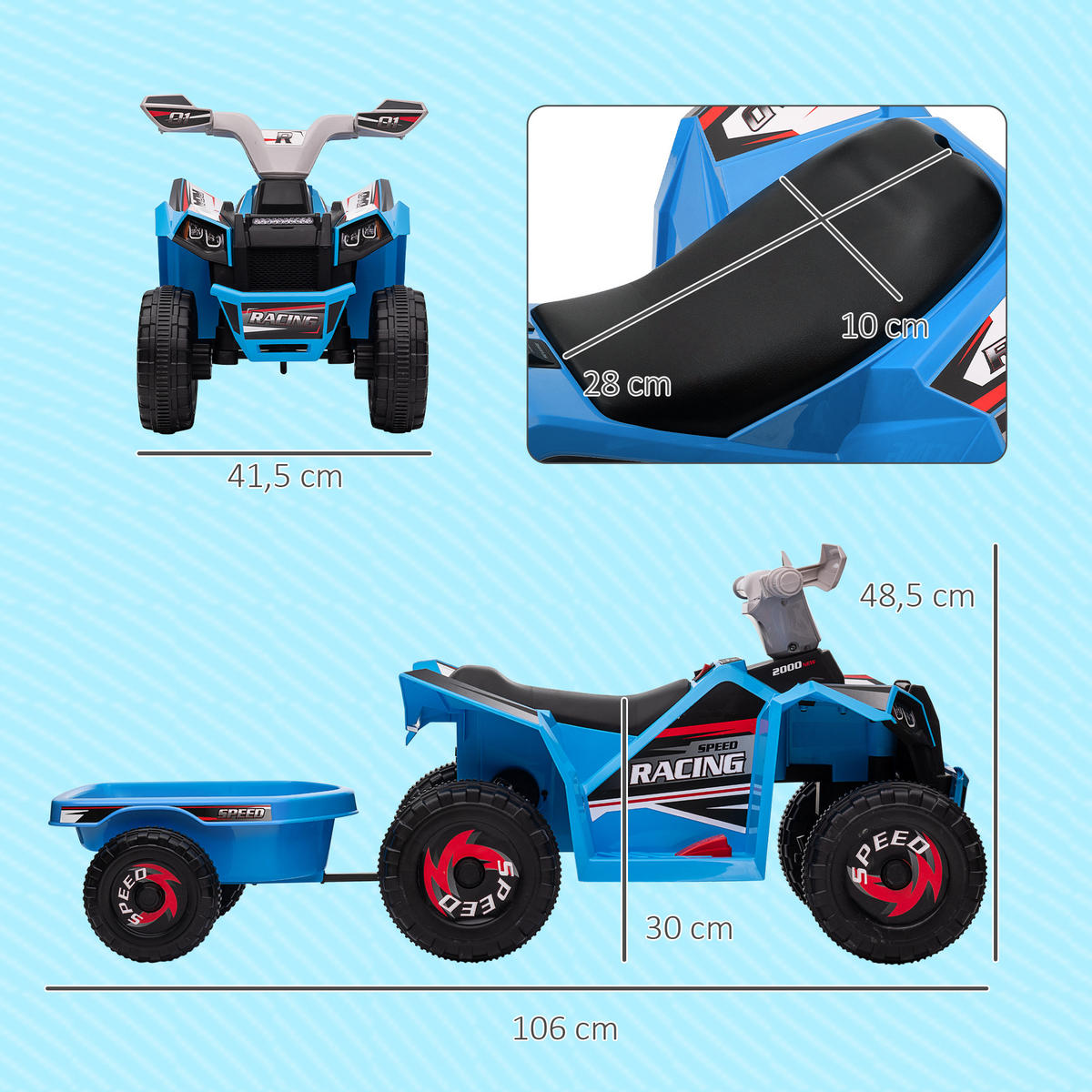 KINDERQUAD Kinder Elektro-Quad 6V Elektroauto mit Anhänger, 2,5 km/h Metall Blau - Blau, Metall (106/41.5/48.5cm) - HOMCOM
