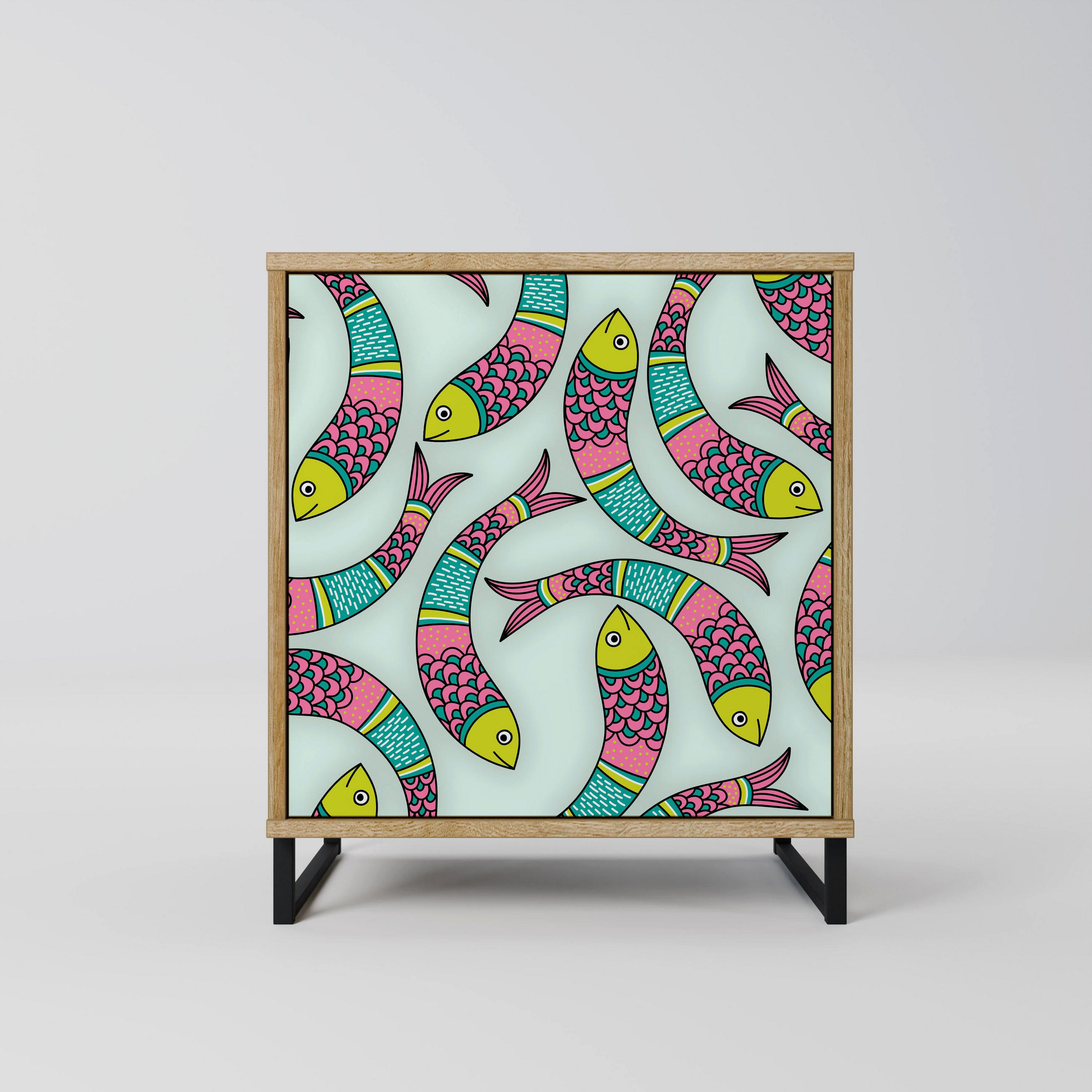 SIDEBOARD INDIAN FISH, Eichefarben, 57,5x42x67,5 cm, Schwarze Metall-Rahmenfüße - Eichefarben/Multicolor, Holzwerkstoff/Metall (57.5/67.5/42cm) - SpaceRebels