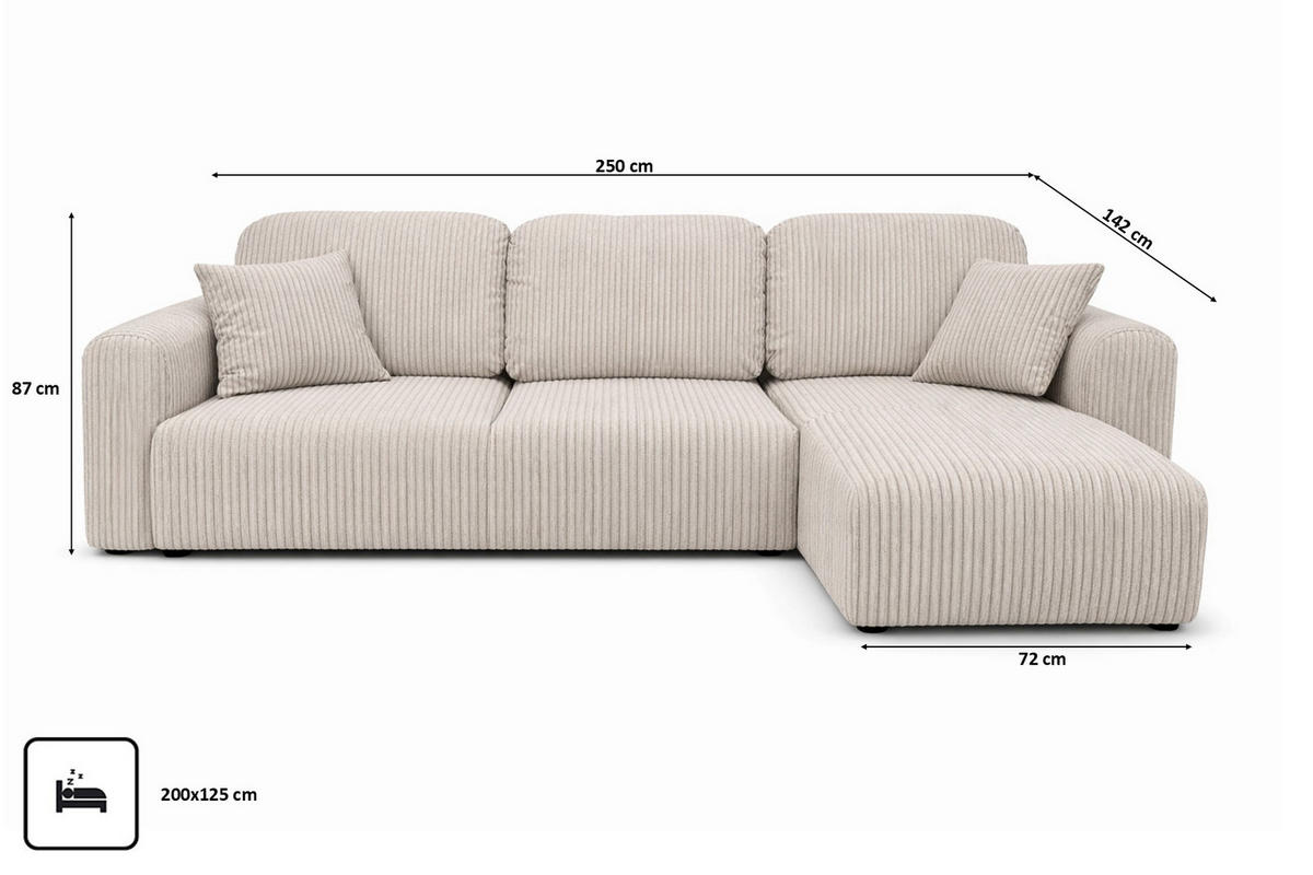 ECKSOFA Mit Schlaffunktion Und Bettkasten, Sofa L-Form Bingo L, Cordstoff Poso, Beige, Rechts - Beige, Holz (250/142cm) - Kaiser Möbel