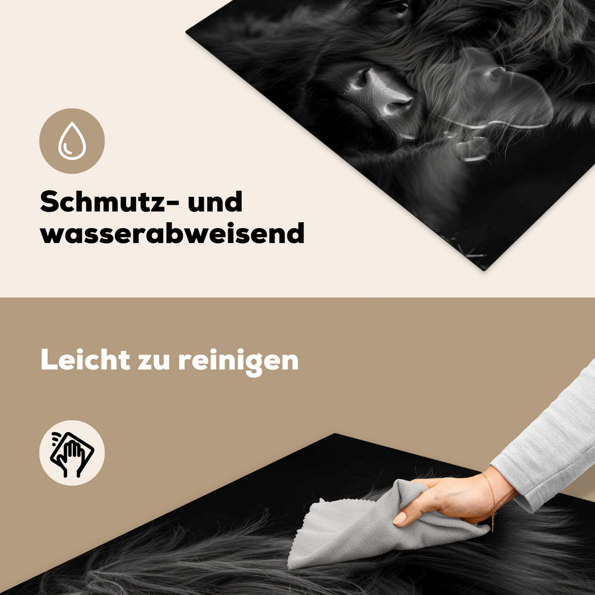 HERDABDECKPLATTE Scottish Highlander - Schwarz - Kalb - Kuh Induktionsmatte 77x59 cm - Schwarz, Kunststoff (77/59/0.2cm) - MuchoWow