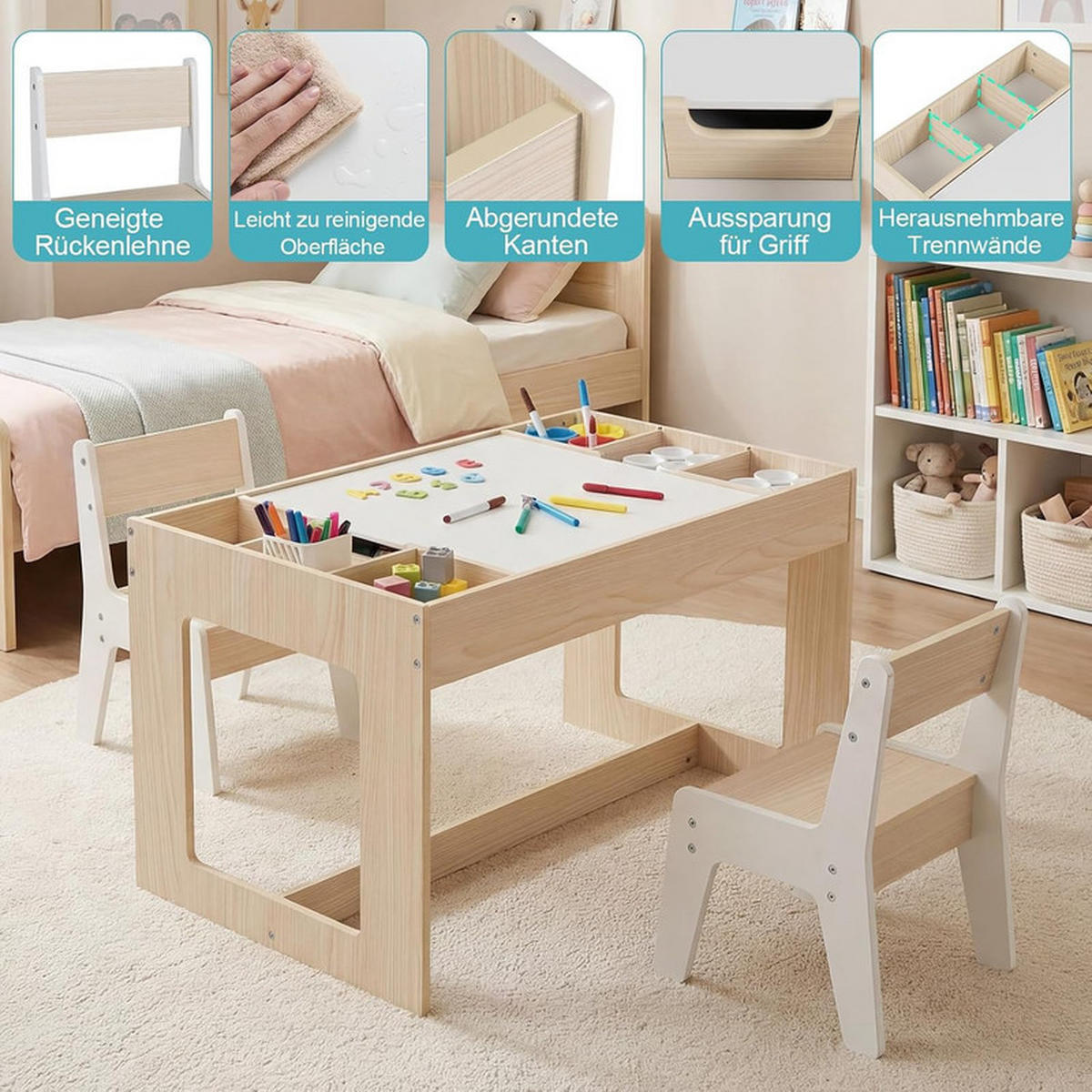 KINDERTISCH mit Stuhl natur(3-tlg) - Naturfarben, Holzwerkstoff (80/48/49cm) - COSTWAY