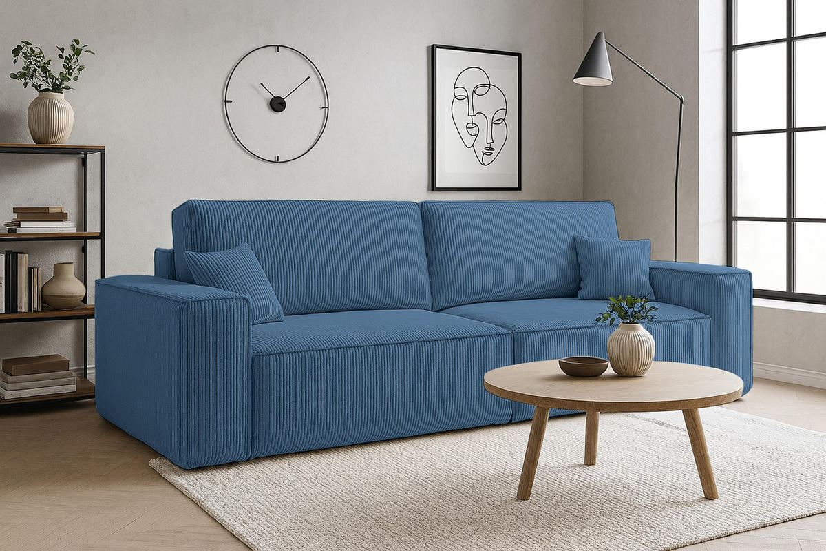 SCHLAFSOFA HUGO, Sofa mit Schlaffunktion und Bettkasten, Farbe: Blau, Cordstoff - Blau, Textil (244/83/98cm) - VENASI MÖBEL