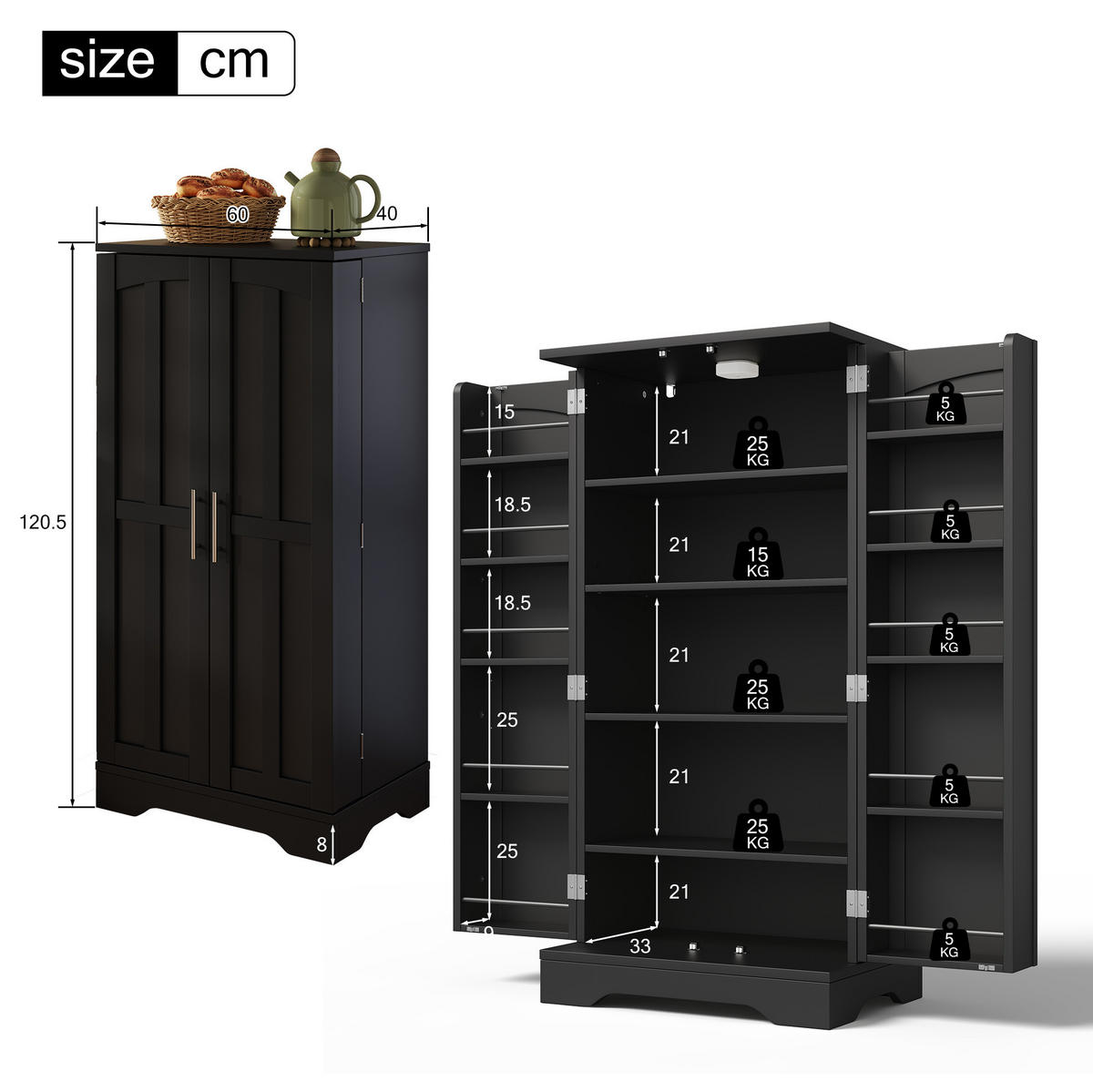 ANRICHTE Hochschrank 120/60/40 cm aus MDF mit LED-Sensorlicht und verstellbarem Regalboden Schwarz - Schwarz, Holzwerkstoff (60/120/40cm) - Modenvie