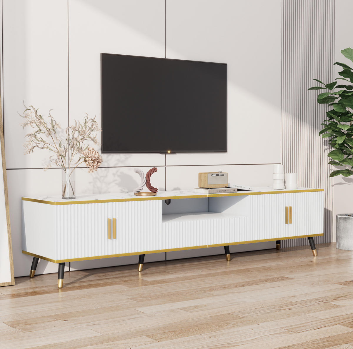 TV-SCHRANK mit Stauraum 200 x 40 x 46 cm Weiß in Marmoroptik - Weiß, Holzwerkstoff (40/46/200cm) - Beauniv