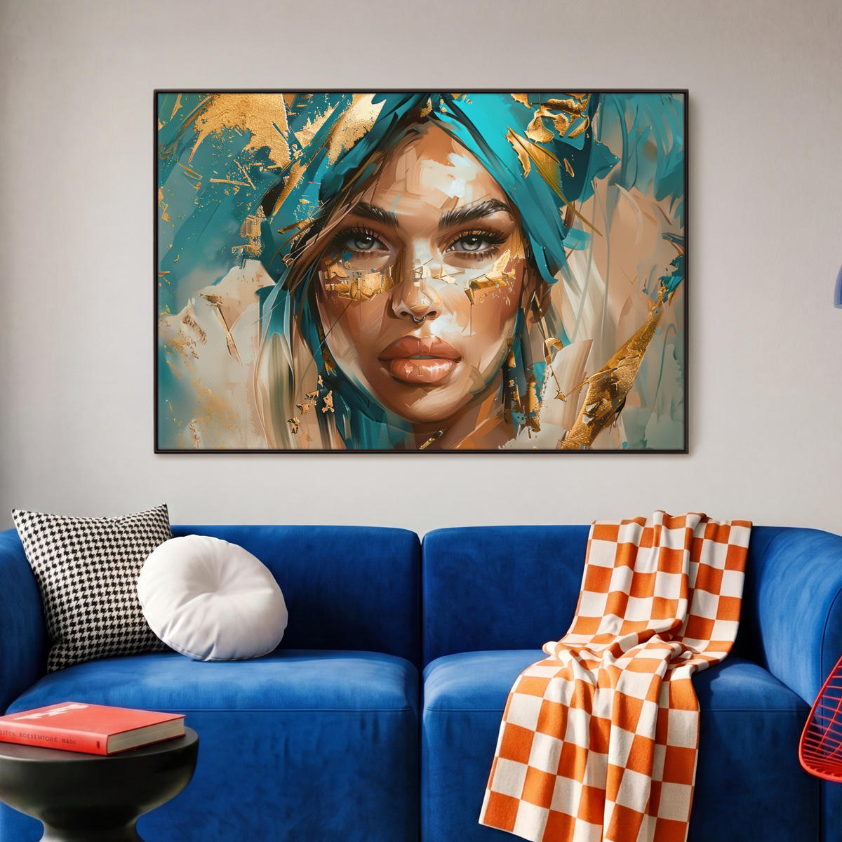 LEINWAND Bilder mit Rahmen - Frau - Porträt - Gold - Luxus - Blau - 90x60 - Türkis, Textil (90/60cm) - MuchoWow