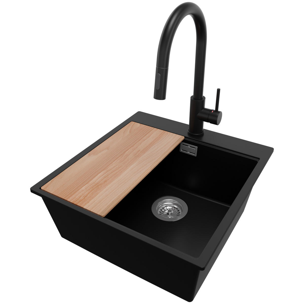 GRANITSPÜLE Oslo, 2-er set Schwarz 48/50 cm 1 Becken + Küchenarmatur 40/20 cm + Ablauf-Set + Schneidebrett ab 50er Unterschrank - Chromfarben/Beige, Kunststoff (48/20/50cm) - Primagran